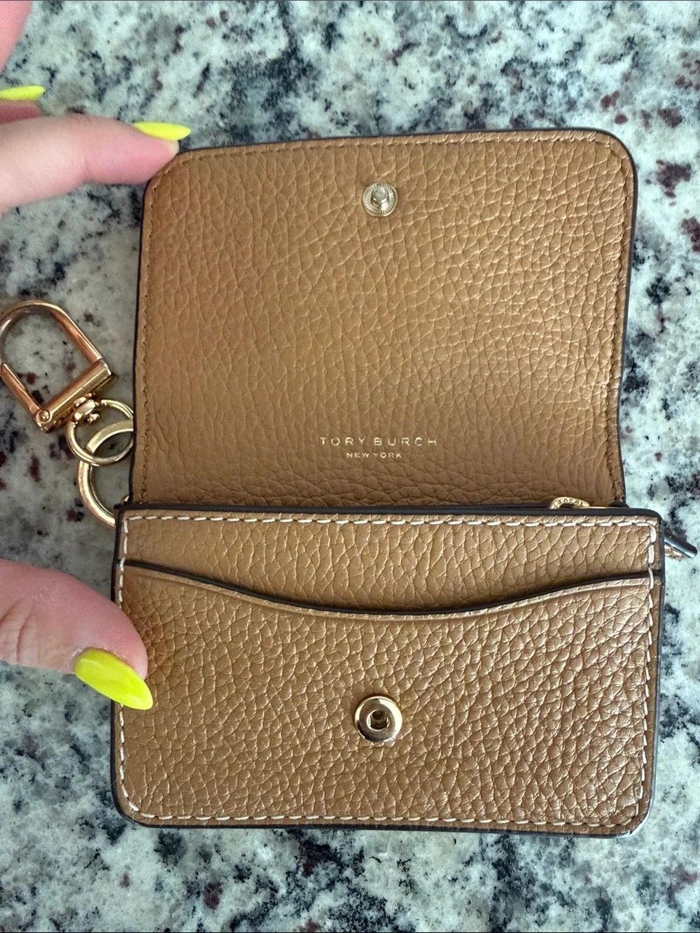 Tory Burch Pebbled Leather Key Pouch in Tan with Gold Hardware